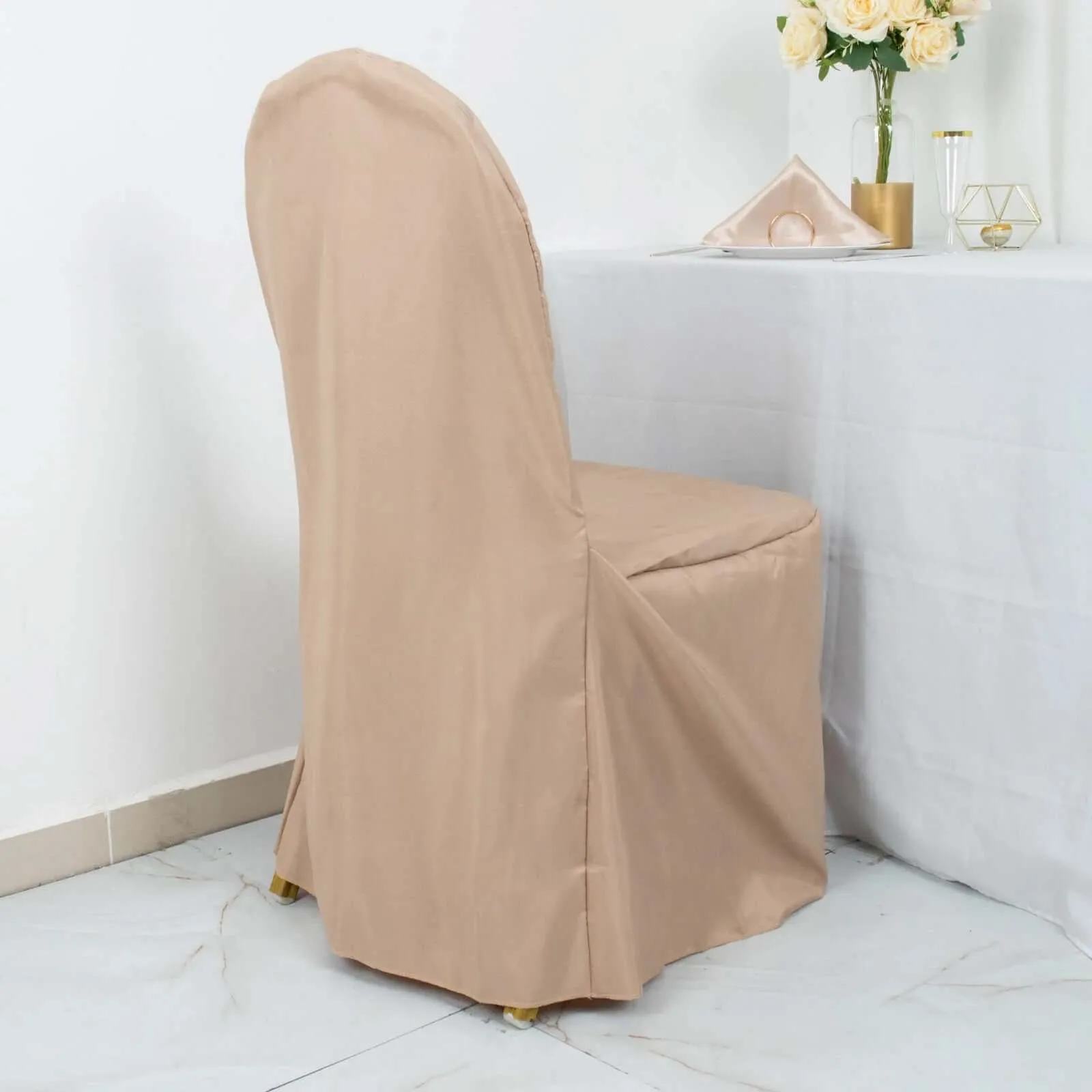 10 Pack Nude Polyester Banquet Chair Covers, Reusable Stain Resistant Slip On Chair Covers