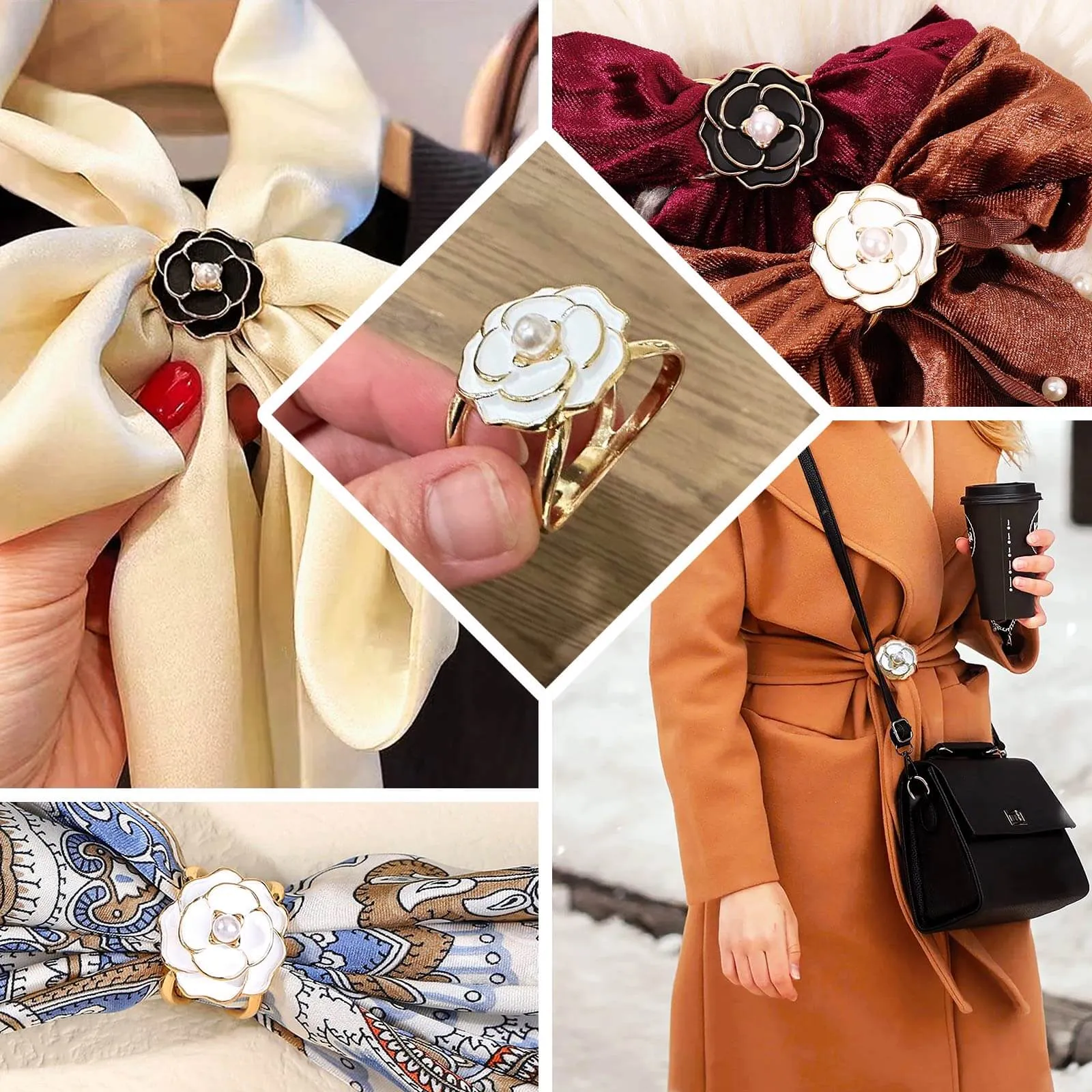 10 Pack White Pearl Floral Metal Chair Sash Bow Pins with Gold Rim, 3D Rose Shaped Scarf Buckle Napkin Rings