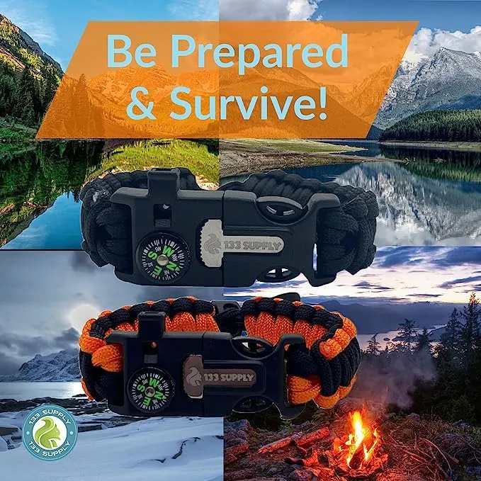 133 SUPPLY - 2 Pack Tactical Paracord Compass Hiking Survival Bracelet Men Dad Gifts Women Camping Accessories Hunting Gear Equipment Flint Steel Tool Fire Starter Kit Whistle Bear Safety Essentials