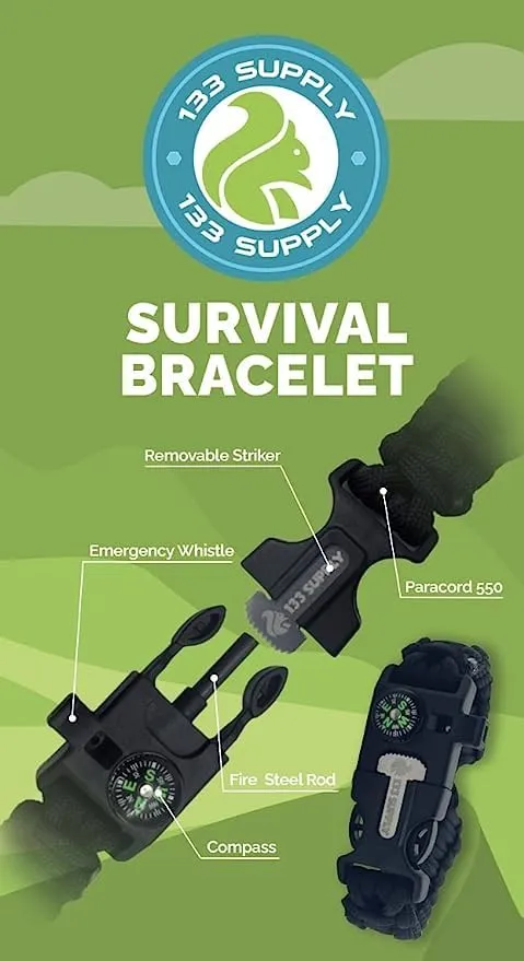 133 SUPPLY - 2 Pack Tactical Paracord Compass Hiking Survival Bracelet Men Dad Gifts Women Camping Accessories Hunting Gear Equipment Flint Steel Tool Fire Starter Kit Whistle Bear Safety Essentials