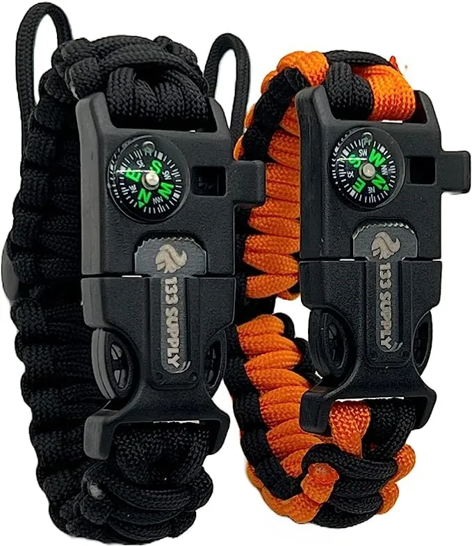 133 SUPPLY - 2 Pack Tactical Paracord Compass Hiking Survival Bracelet Men Dad Gifts Women Camping Accessories Hunting Gear Equipment Flint Steel Tool Fire Starter Kit Whistle Bear Safety Essentials