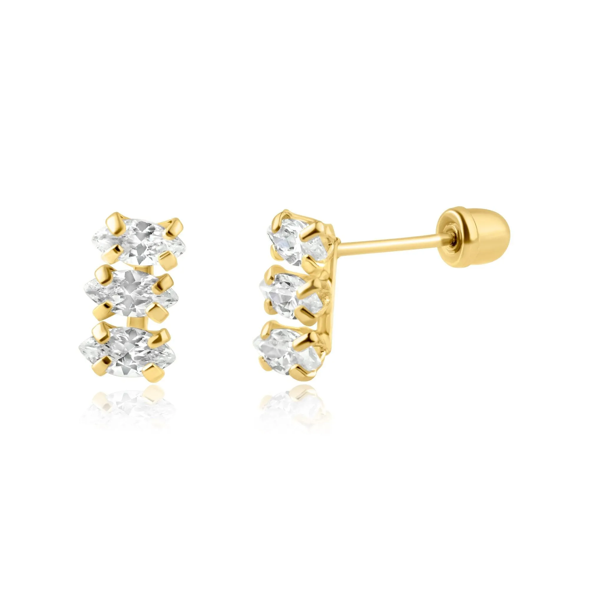 14E00301. - 14 Karat Yellow Gold Three Marquis CZ Screw Back Earring