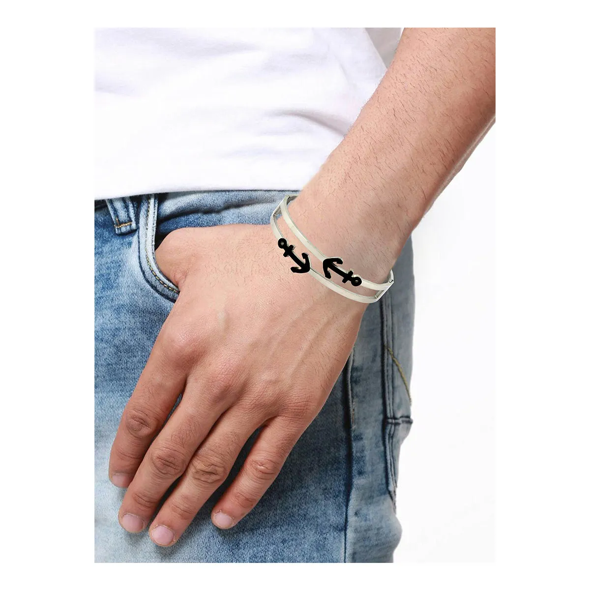 Anchor Black Stainless Steel Silver Bangle Cuff Kada Bracelet Men