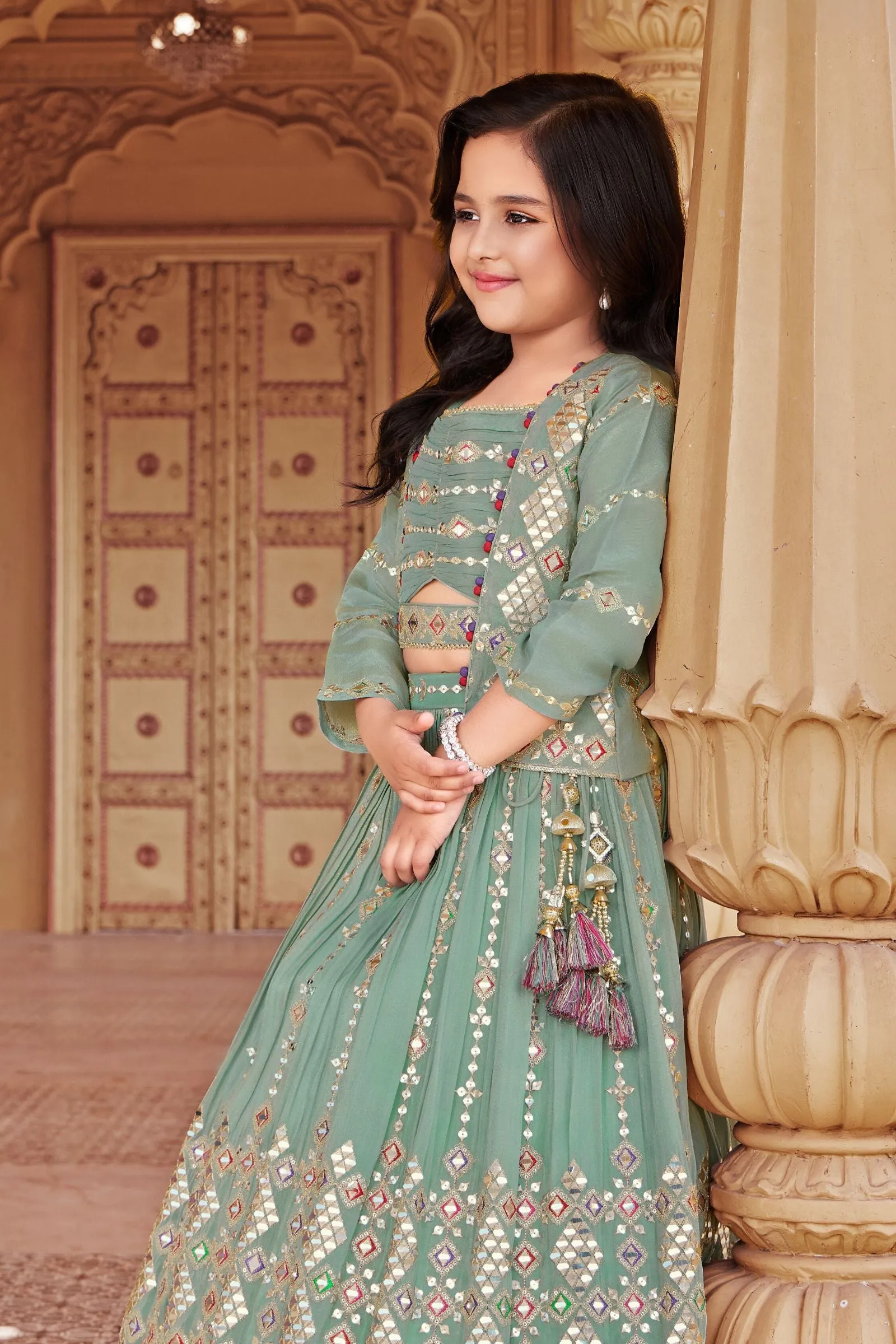 Apple Green Zari and Sequins work Jacket Styled Lehenga Choli for Girls