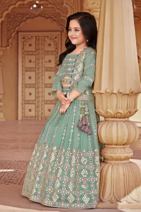 Apple Green Zari and Sequins work Jacket Styled Lehenga Choli for Girls