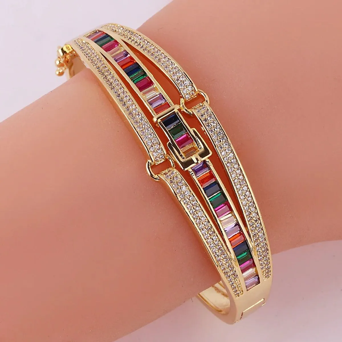 Belt Buckle Rainbow Multi Color 18K Gold Openable Kada Bangle for Women