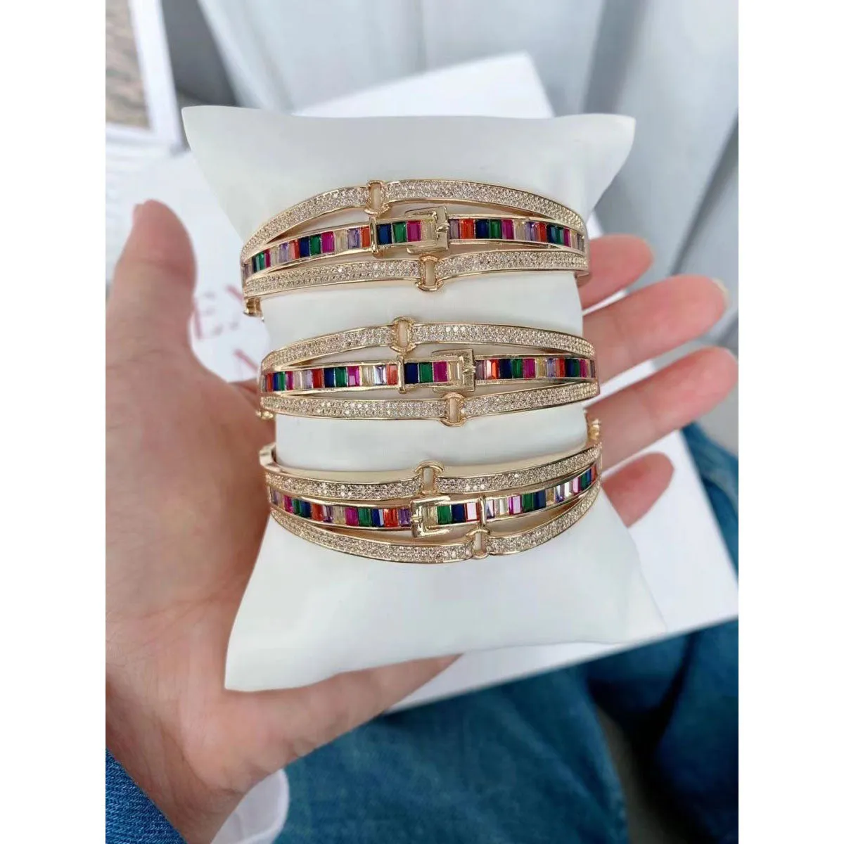 Belt Buckle Rainbow Multi Color 18K Gold Openable Kada Bangle for Women