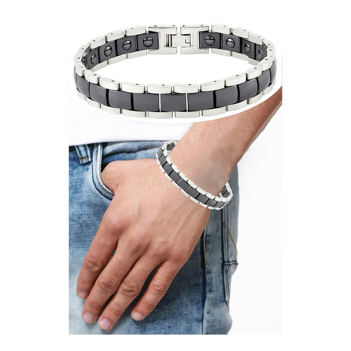 Black Ceramic Silver 316L Stainless Steel Magnetic Bracelet For Men