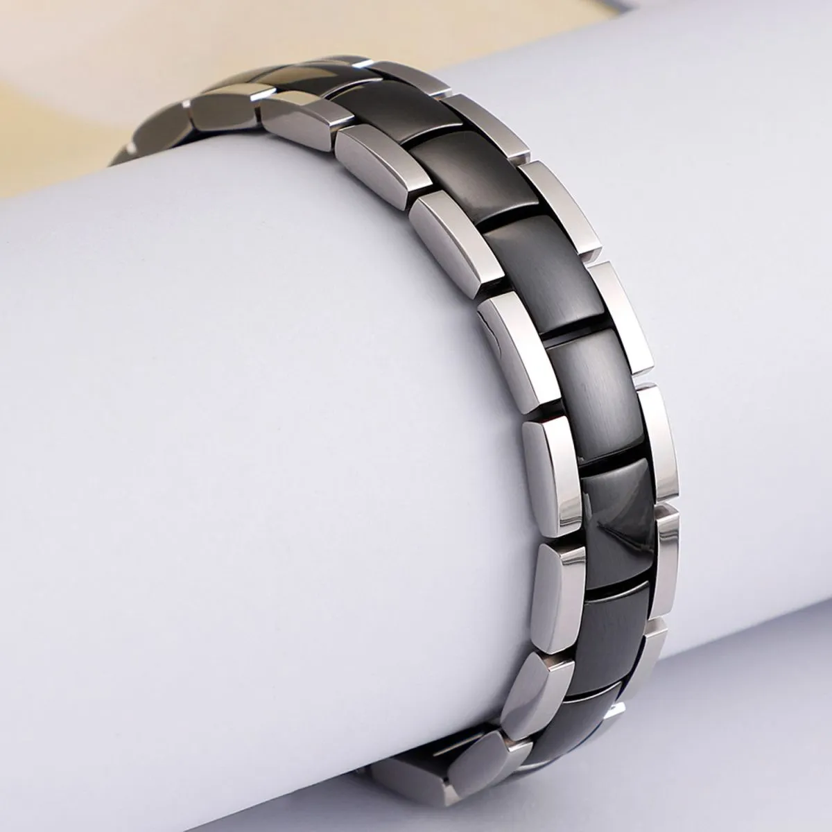 Black Ceramic Silver 316L Stainless Steel Magnetic Bracelet For Men