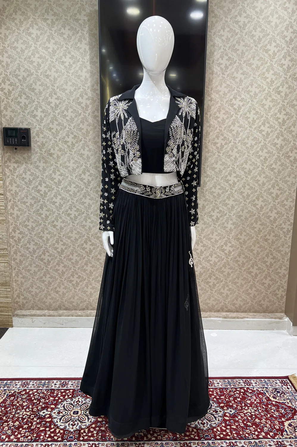 Black Sequins and Beads work Jacket Styled Crop Top Lehenga