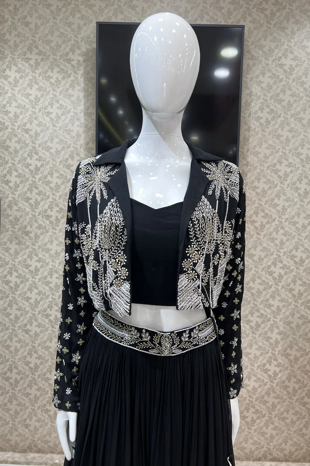 Black Sequins and Beads work Jacket Styled Crop Top Lehenga