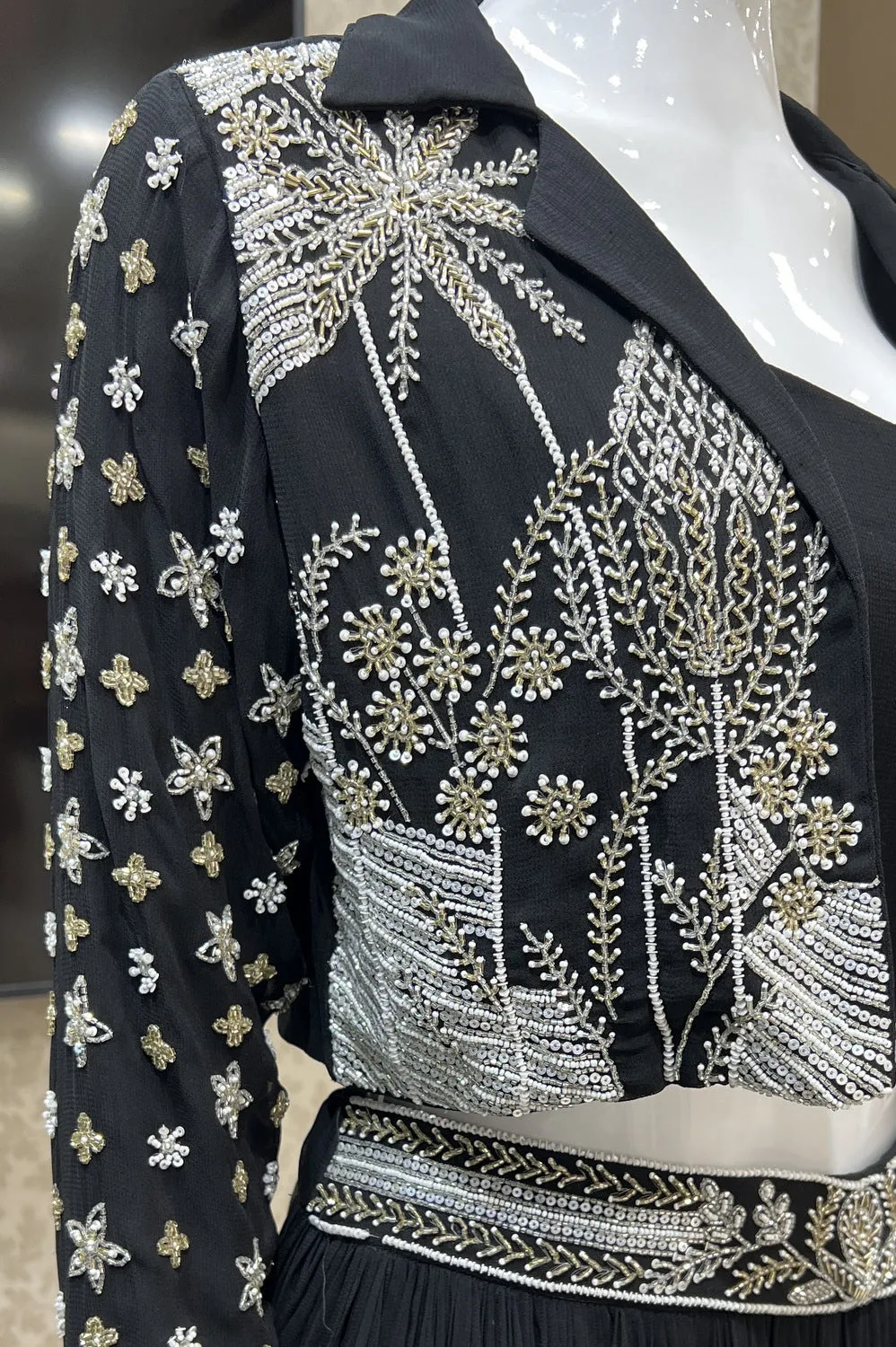 Black Sequins and Beads work Jacket Styled Crop Top Lehenga