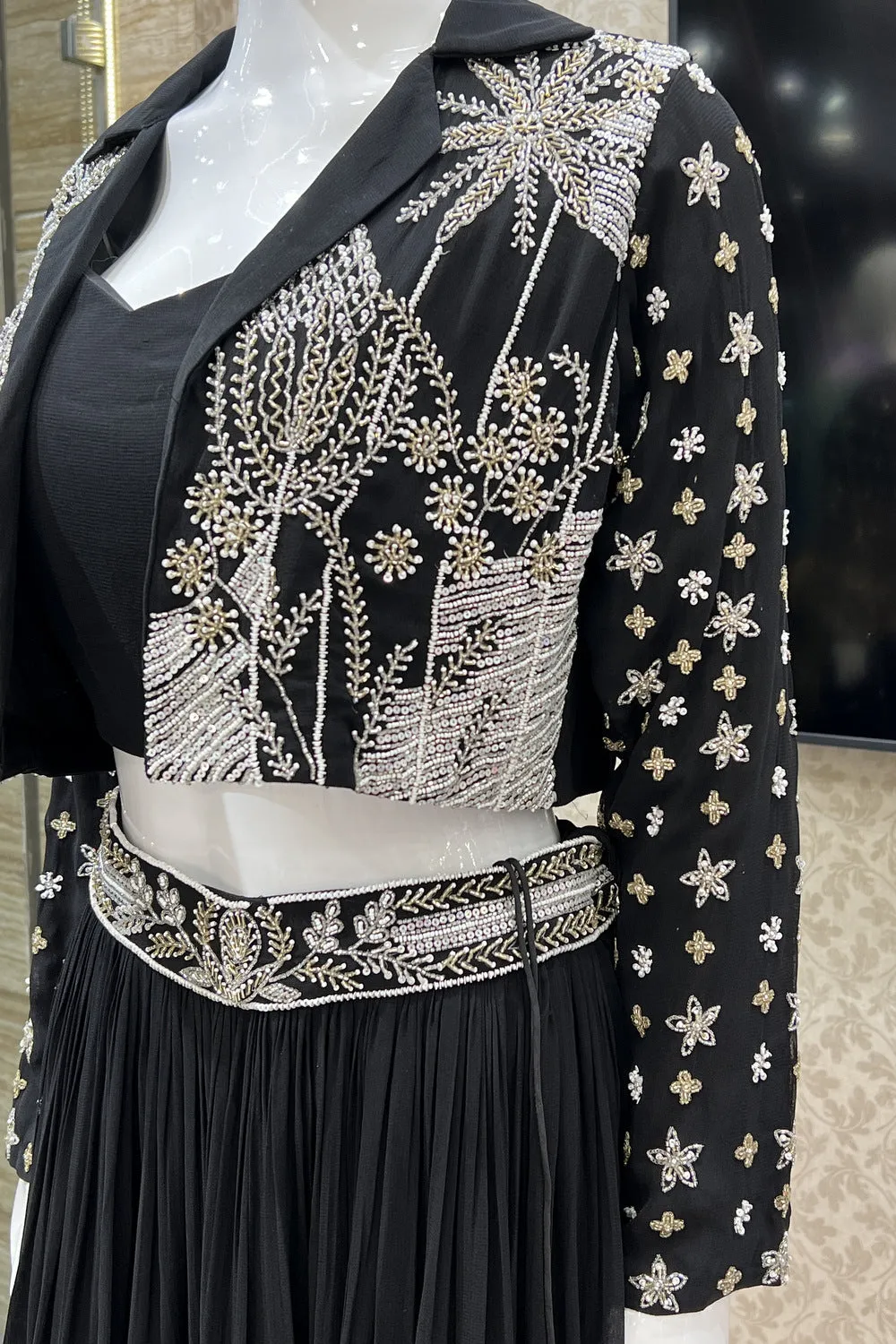 Black Sequins and Beads work Jacket Styled Crop Top Lehenga