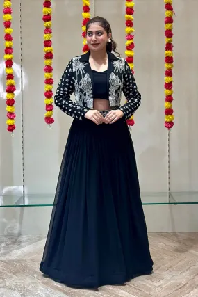 Black Sequins and Beads work Jacket Styled Crop Top Lehenga