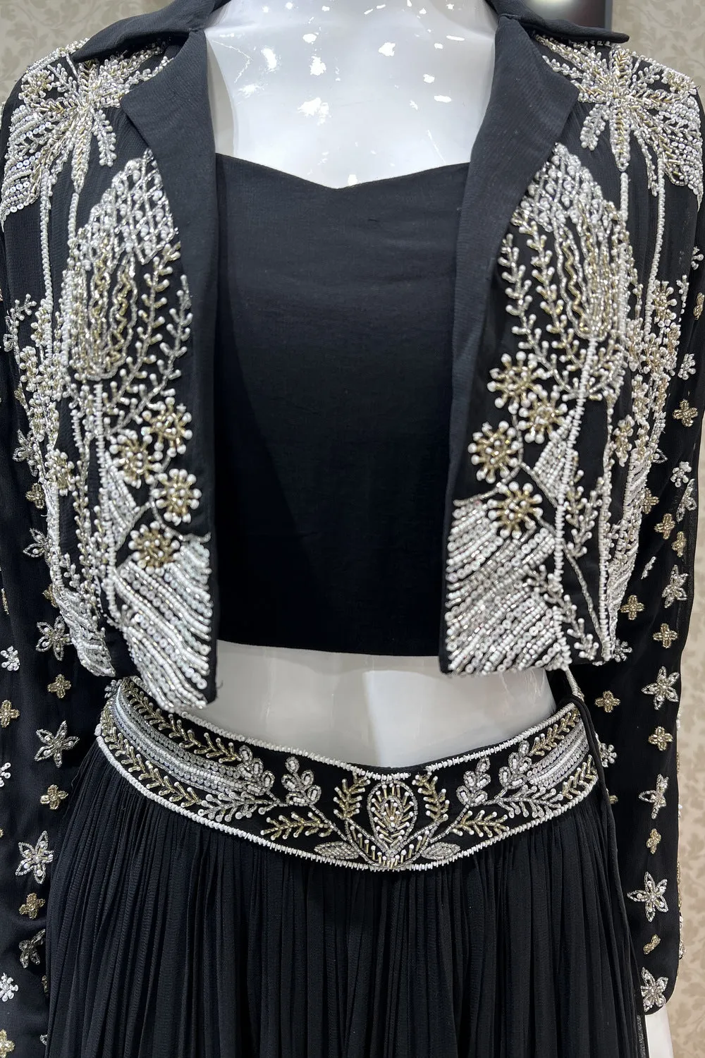 Black Sequins and Beads work Jacket Styled Crop Top Lehenga