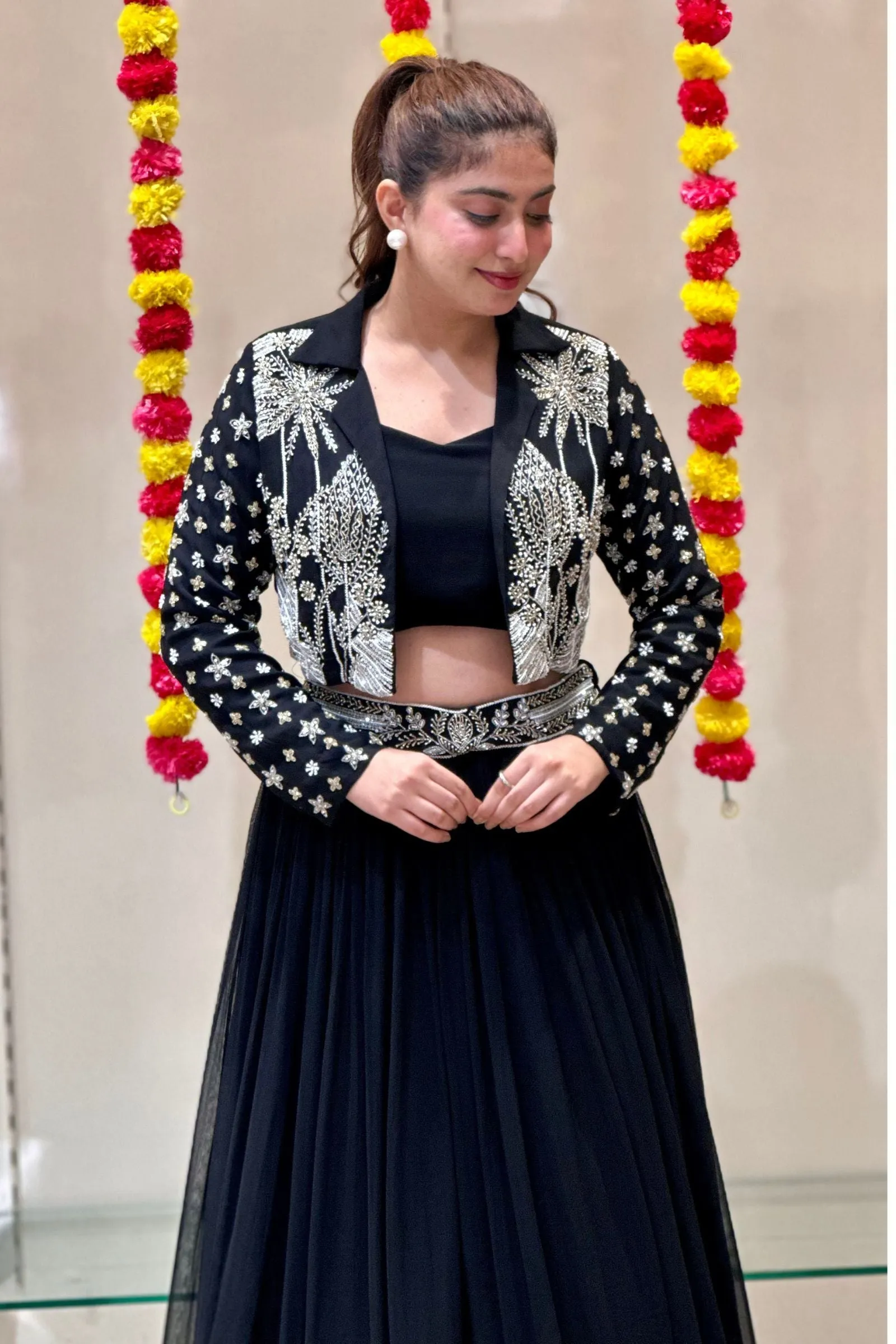 Black Sequins and Beads work Jacket Styled Crop Top Lehenga