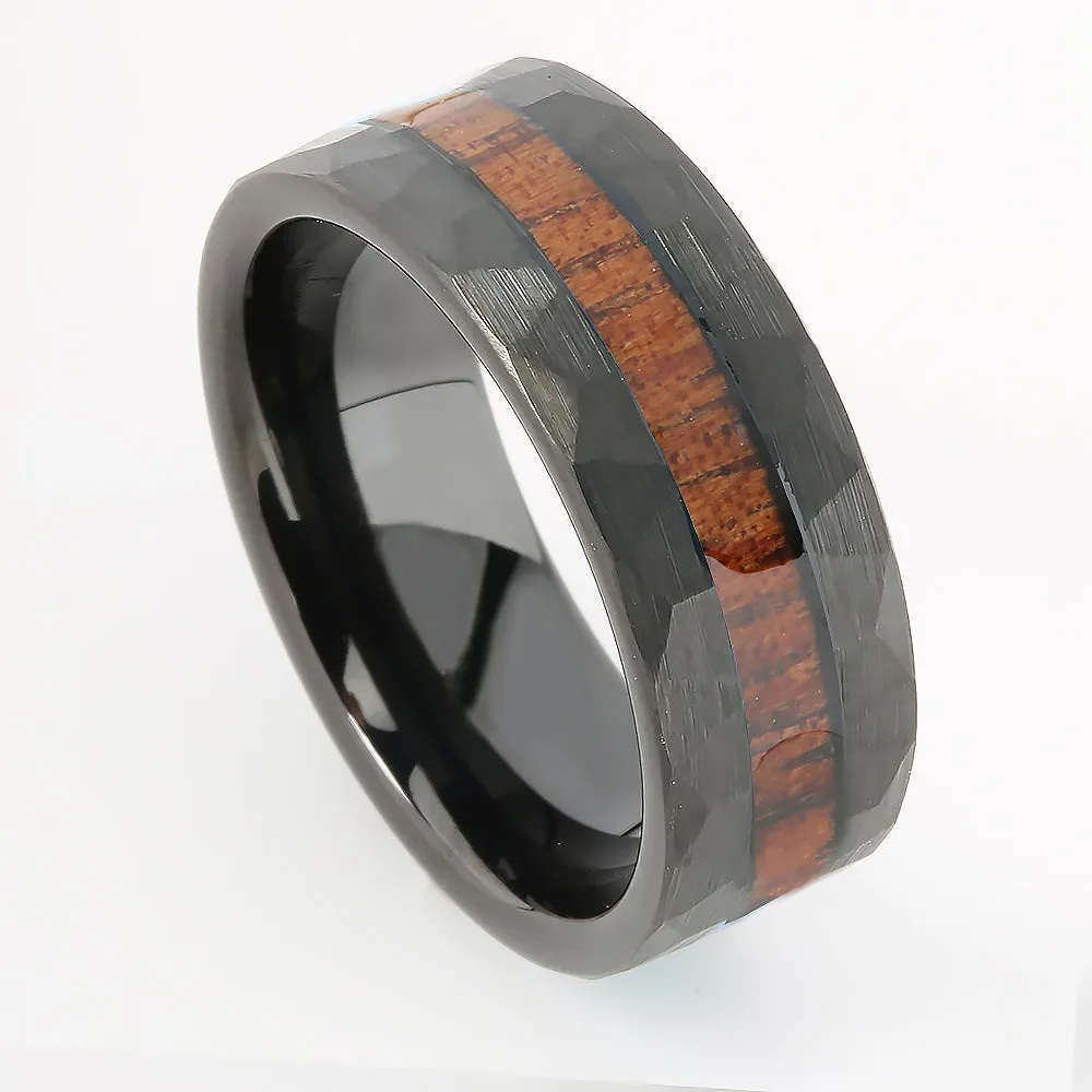 Black Tungsten Hawaiian Koa Wood Inlaid Diamond Cut Flat Wedding Ring 8mm