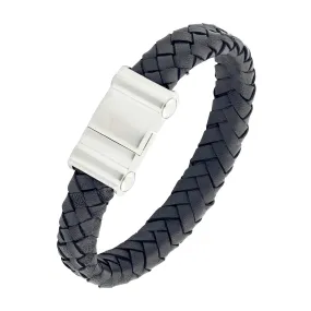 Braided Handmade Leather Black Stainless Steel Wrist Band Bracelet