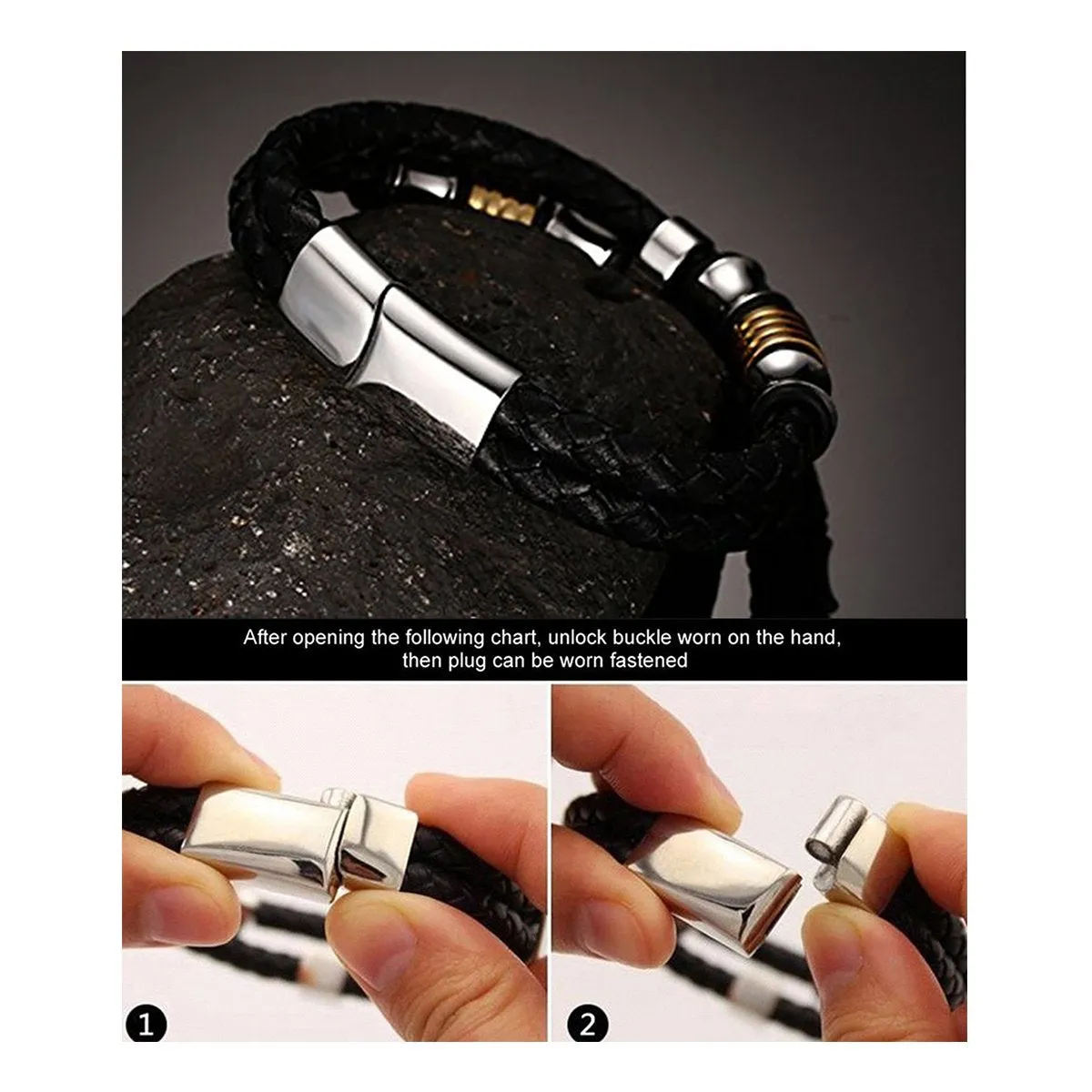 Braided Leather 316L Stainless Steel Wrist Band Bracelet Men