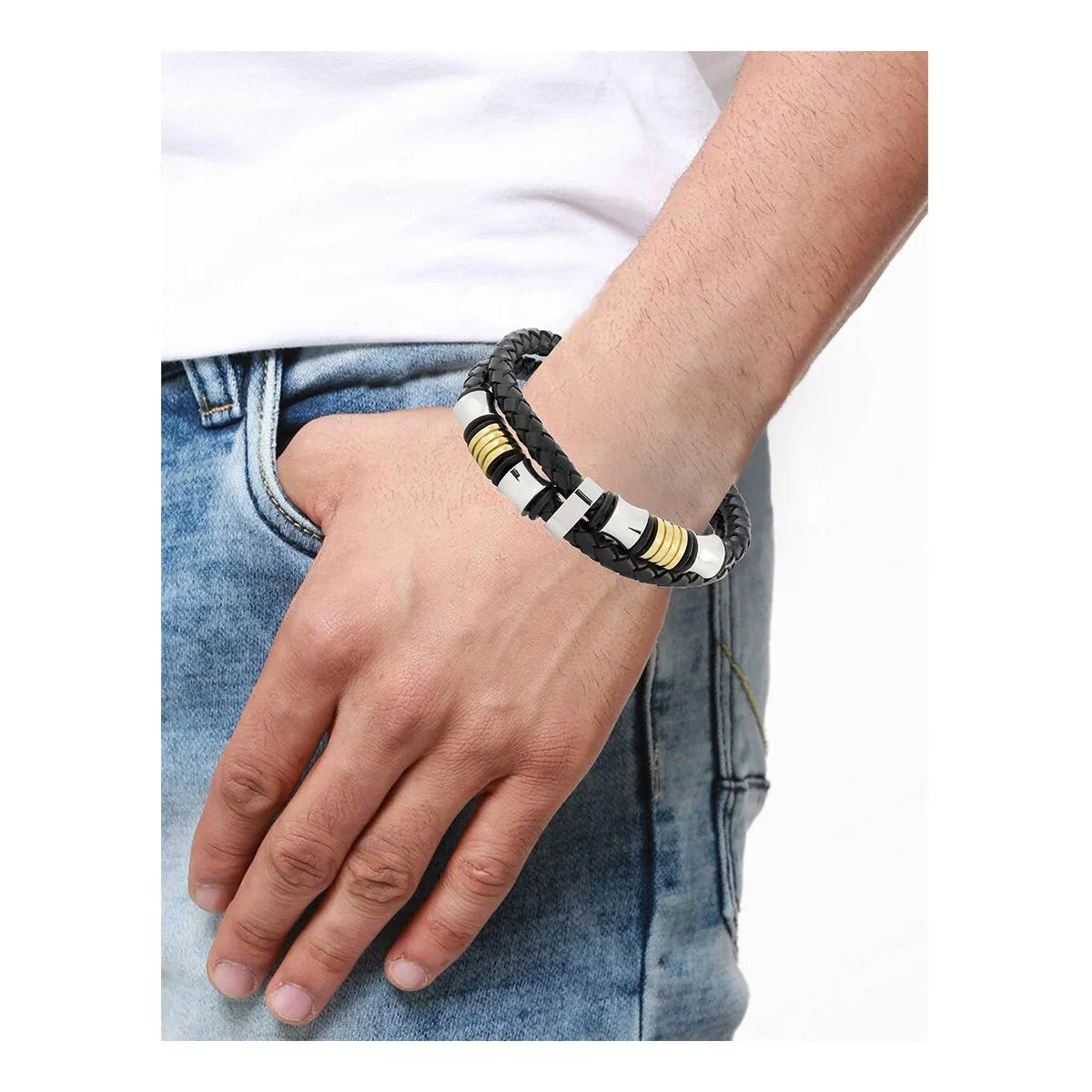 Braided Leather 316L Stainless Steel Wrist Band Bracelet Men