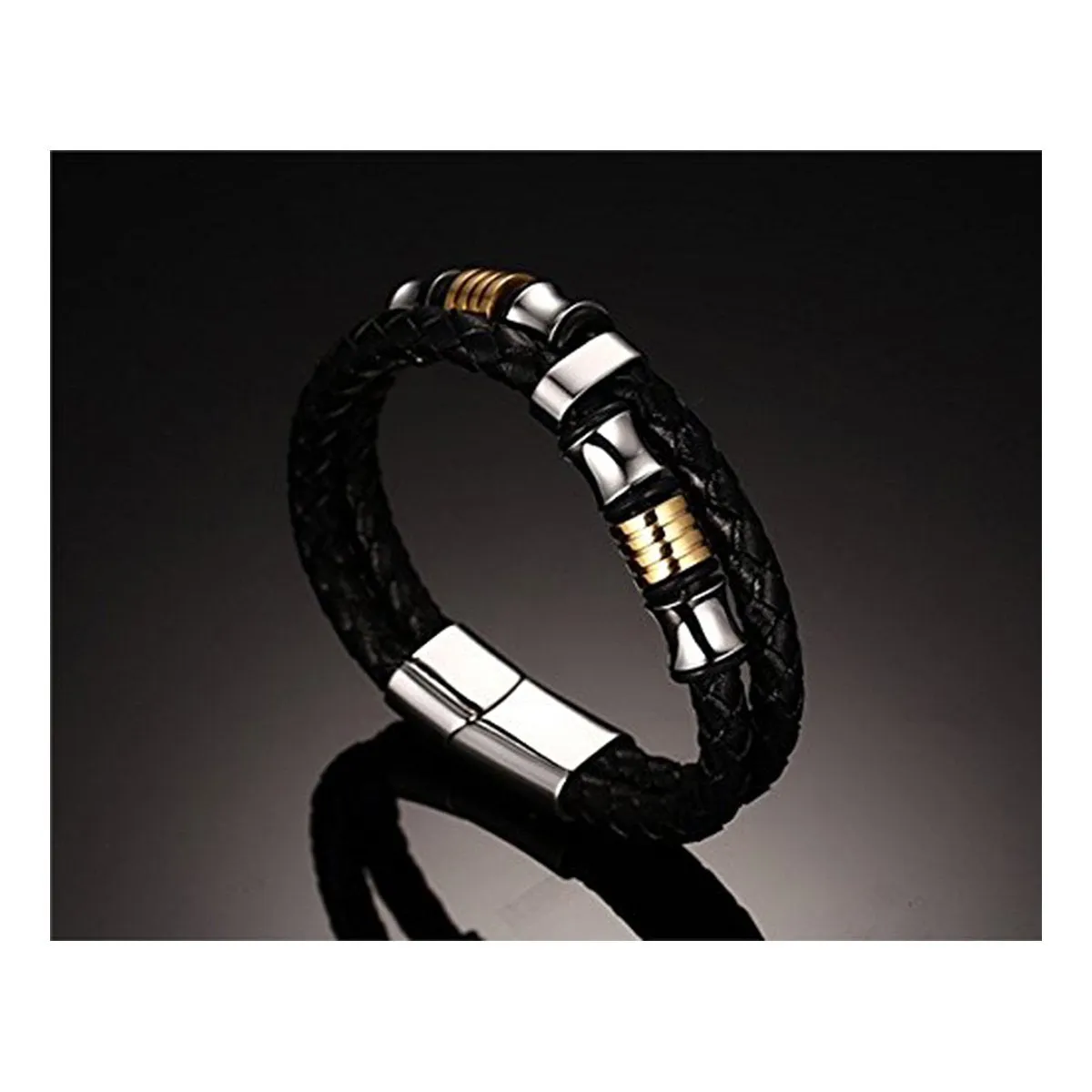 Braided Leather 316L Stainless Steel Wrist Band Bracelet Men