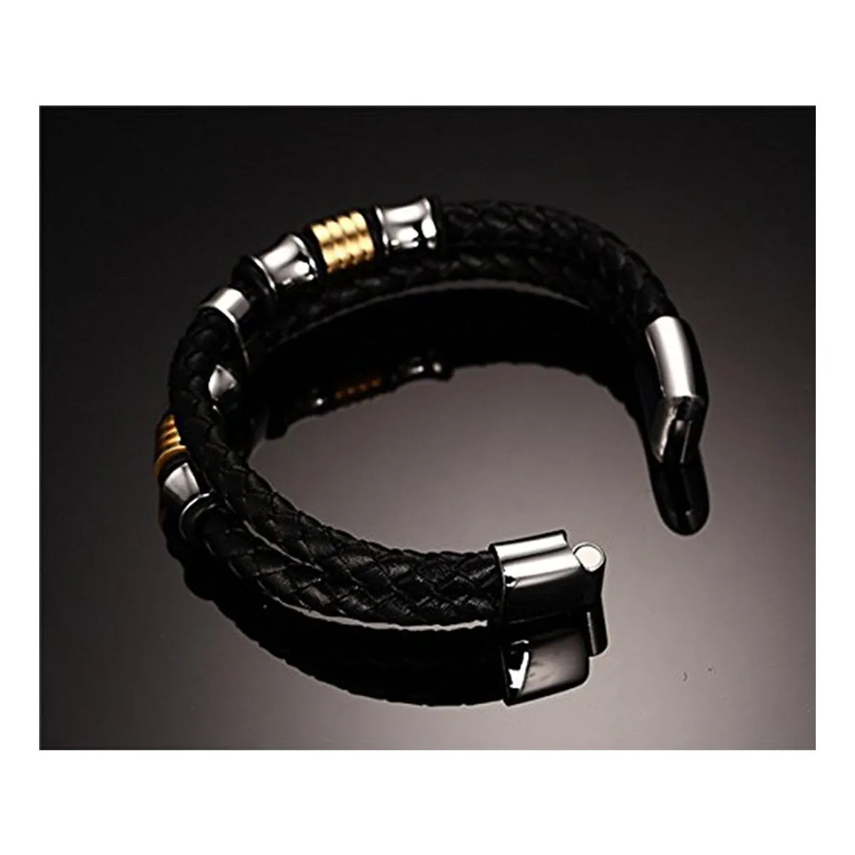 Braided Leather 316L Stainless Steel Wrist Band Bracelet Men