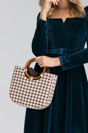 Brown Gingham Wood Ring Handle Bag