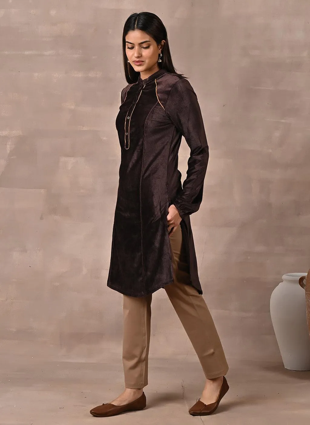 Brown Princess Cut Solid Kurta with Gathered Sleeves