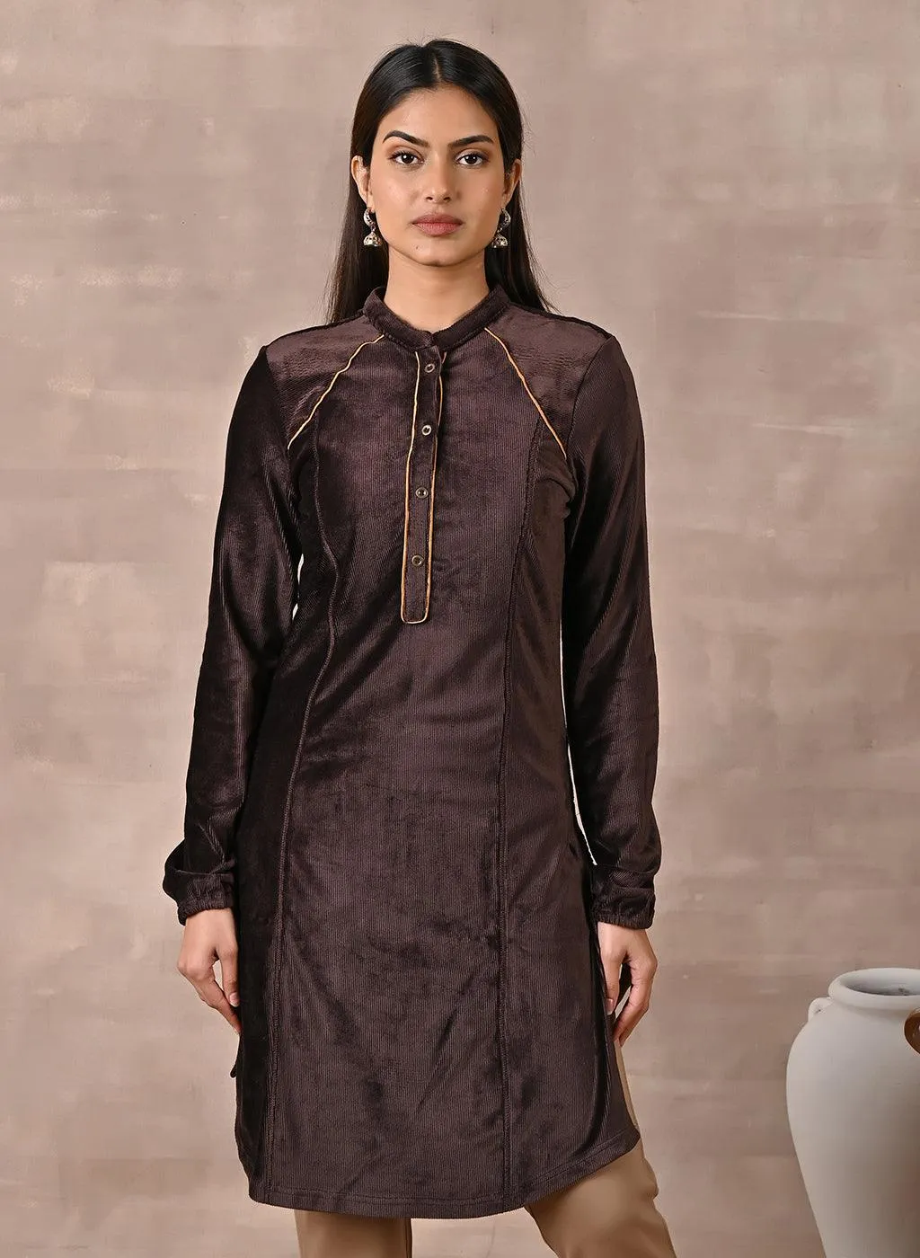 Brown Princess Cut Solid Kurta with Gathered Sleeves