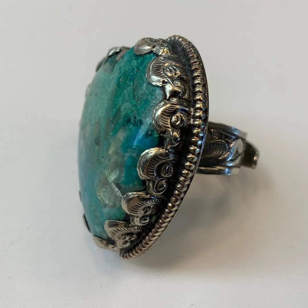 Chrysocola and Silver Adjustable Heart Ornate Ring