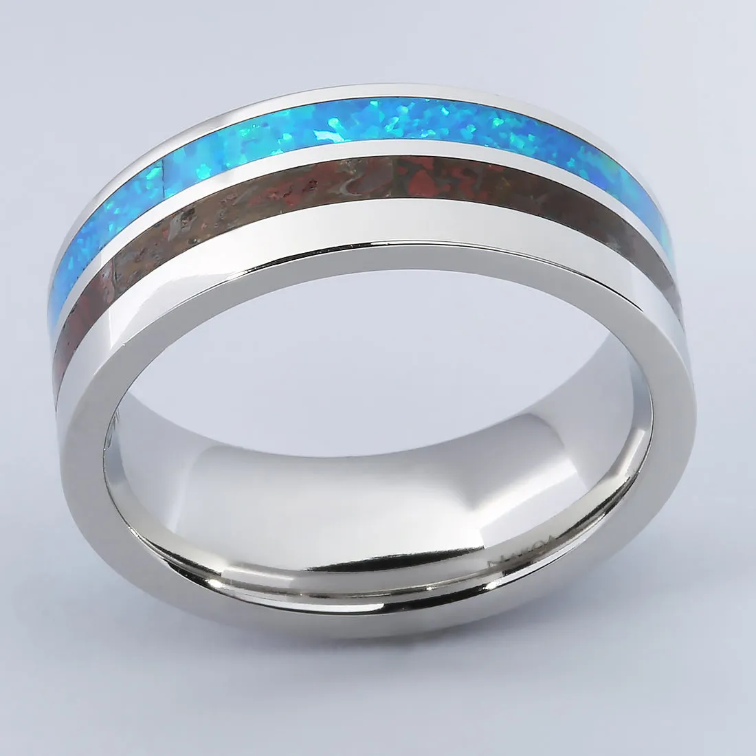 Cobalt Wedding Ring with Opal and Fossilized Dinosaur Bone Flat 8mm