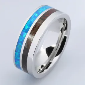 Cobalt Wedding Ring with Opal and Fossilized Dinosaur Bone Flat 8mm