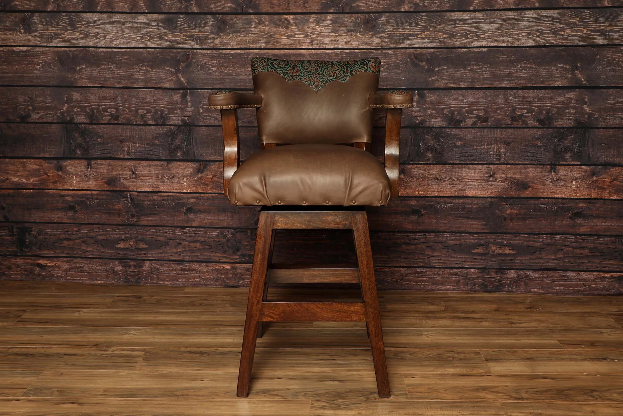 Cowboy Tooled Sea Glass Leather Swivel Barstool