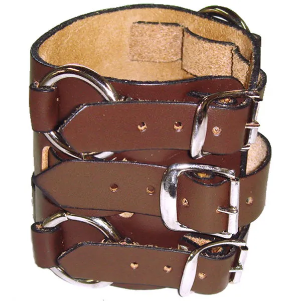 Double Ring Bullet Brown Leather Triple Strap Cuff