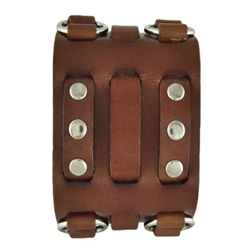 Double Ring Bullet Brown Leather Triple Strap Cuff