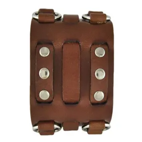 Double Ring Bullet Brown Leather Triple Strap Cuff