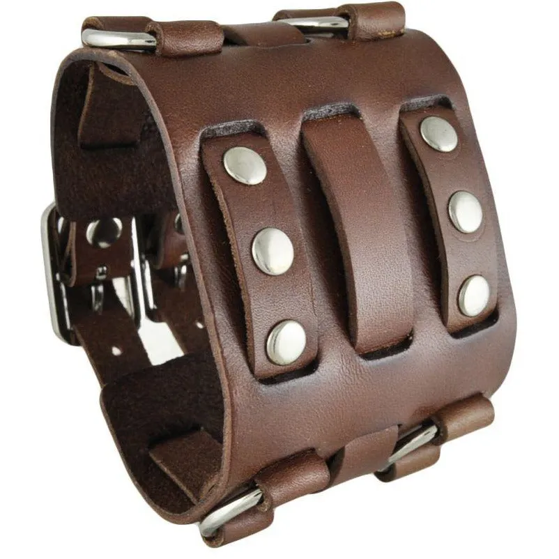 Double Ring Bullet Brown Leather Triple Strap Cuff