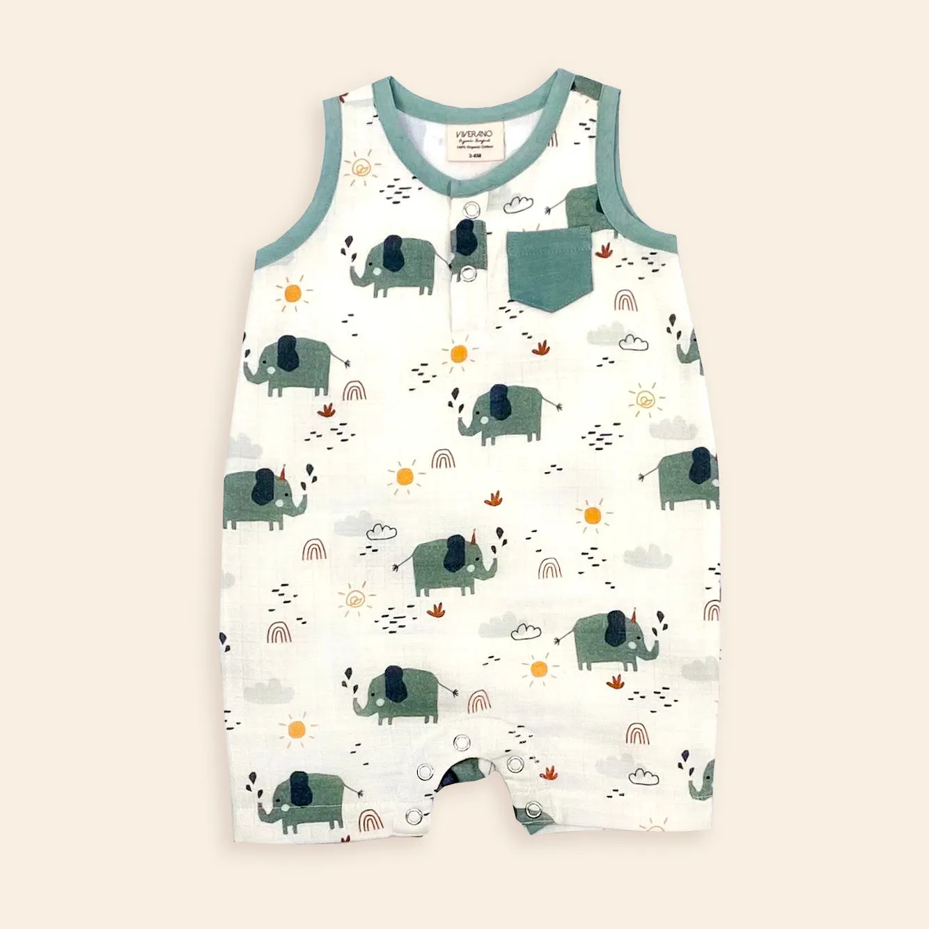 Elephant Sleeveless Short Romper (Organic Muslin)