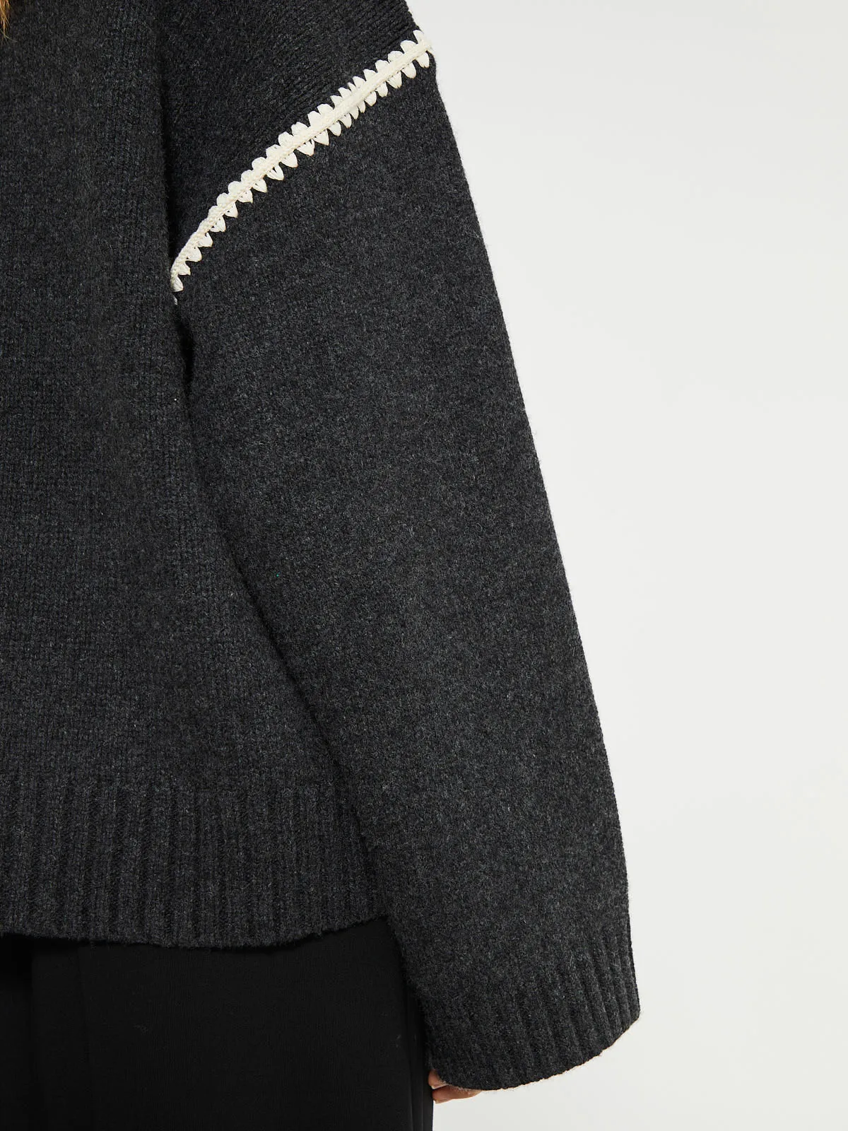 Embroidered Wool Cashmere Knit in Grey Melange