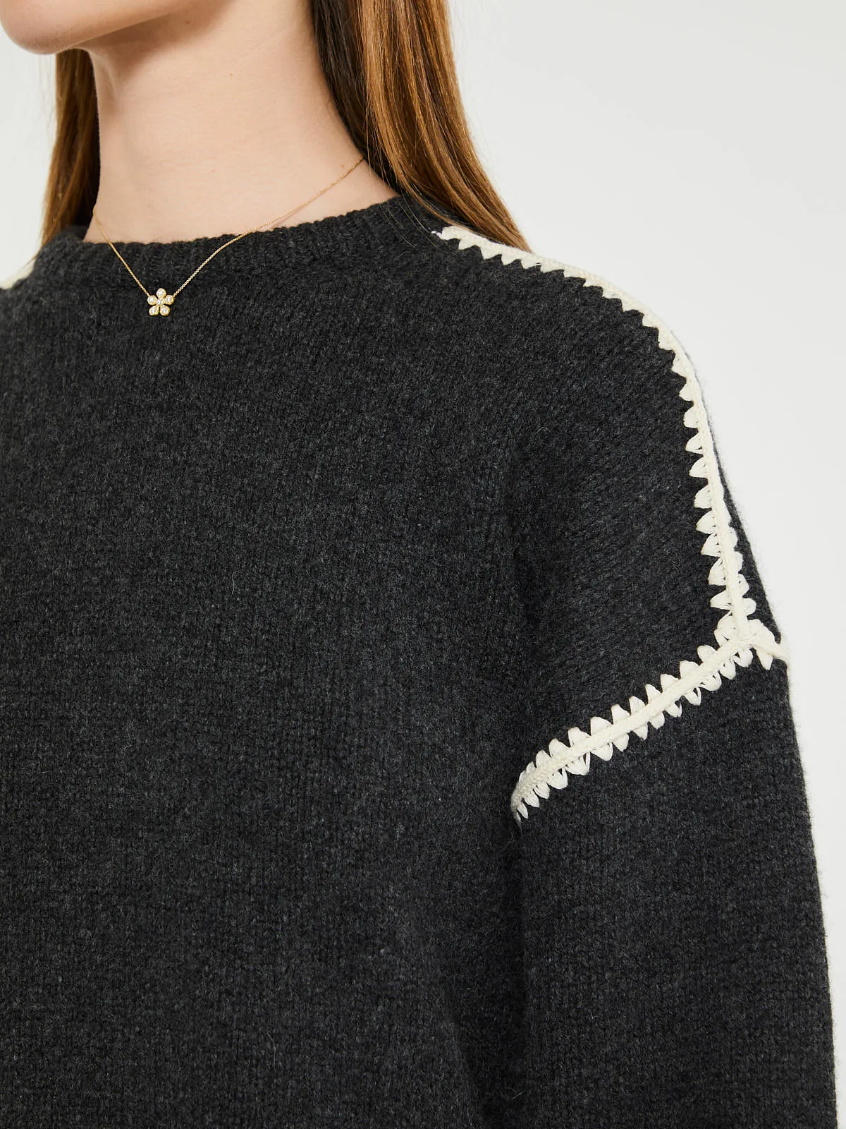 Embroidered Wool Cashmere Knit in Grey Melange