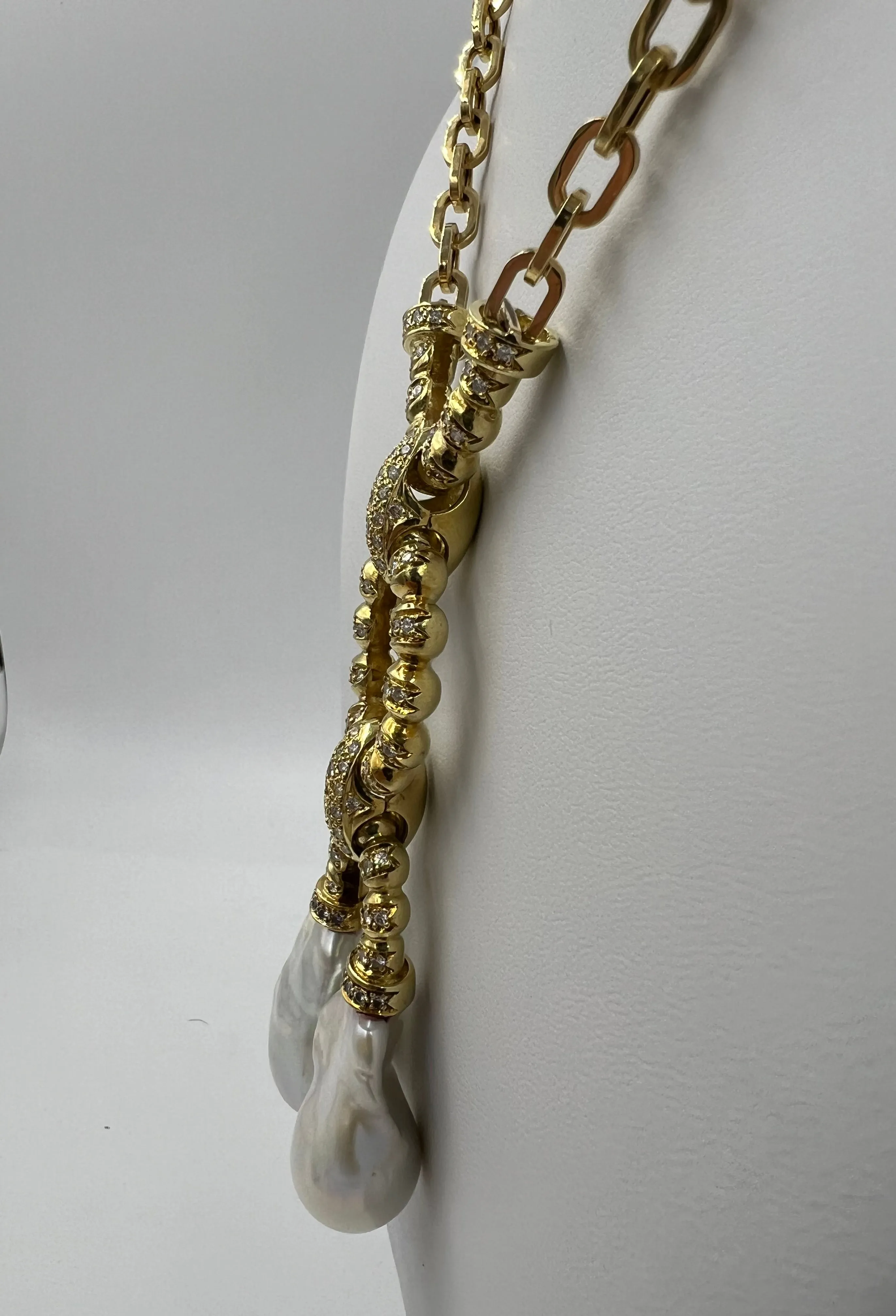 Estate Biwa Pearl Diamond Yellow Gold Link Necklace