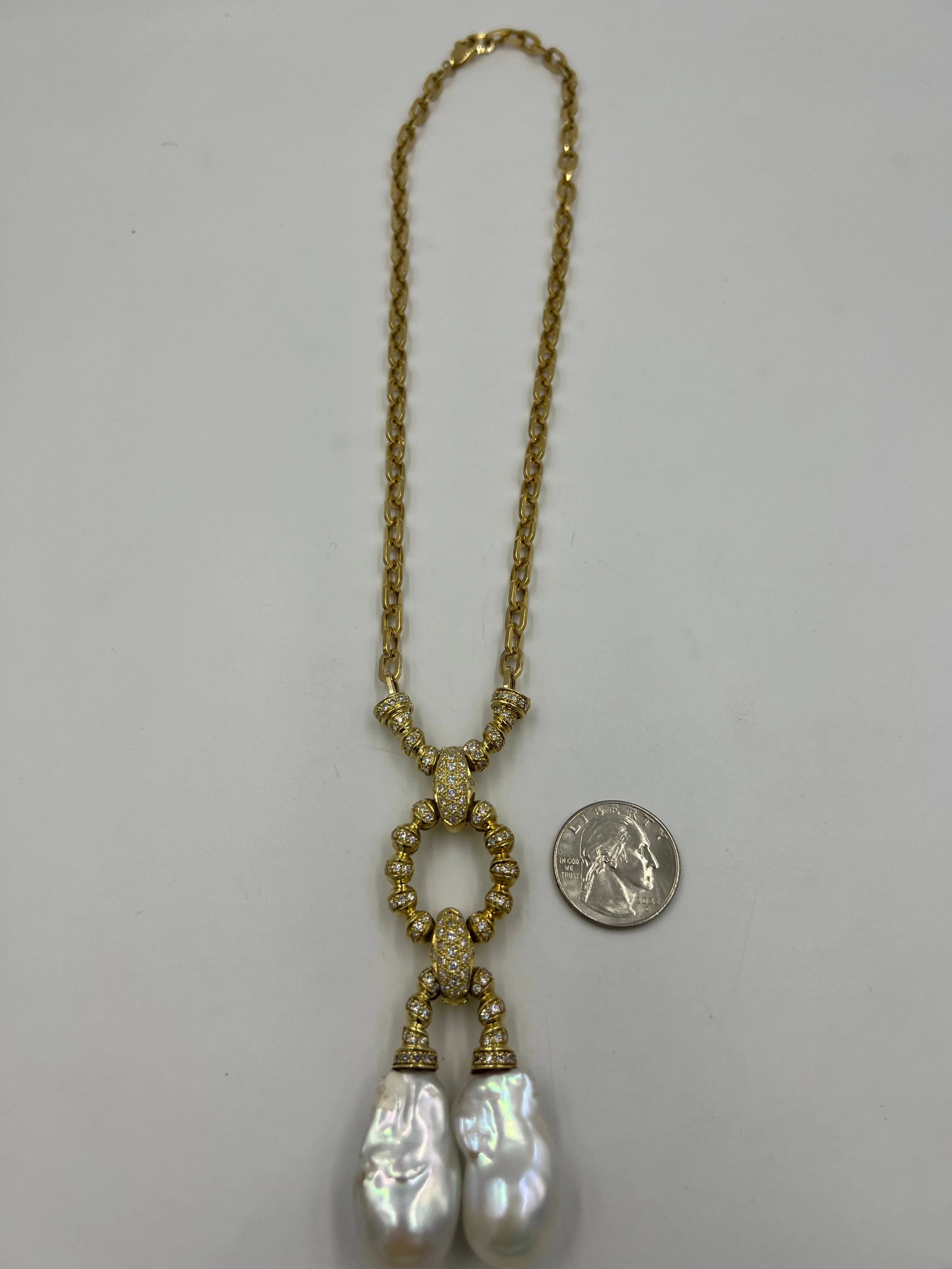 Estate Biwa Pearl Diamond Yellow Gold Link Necklace