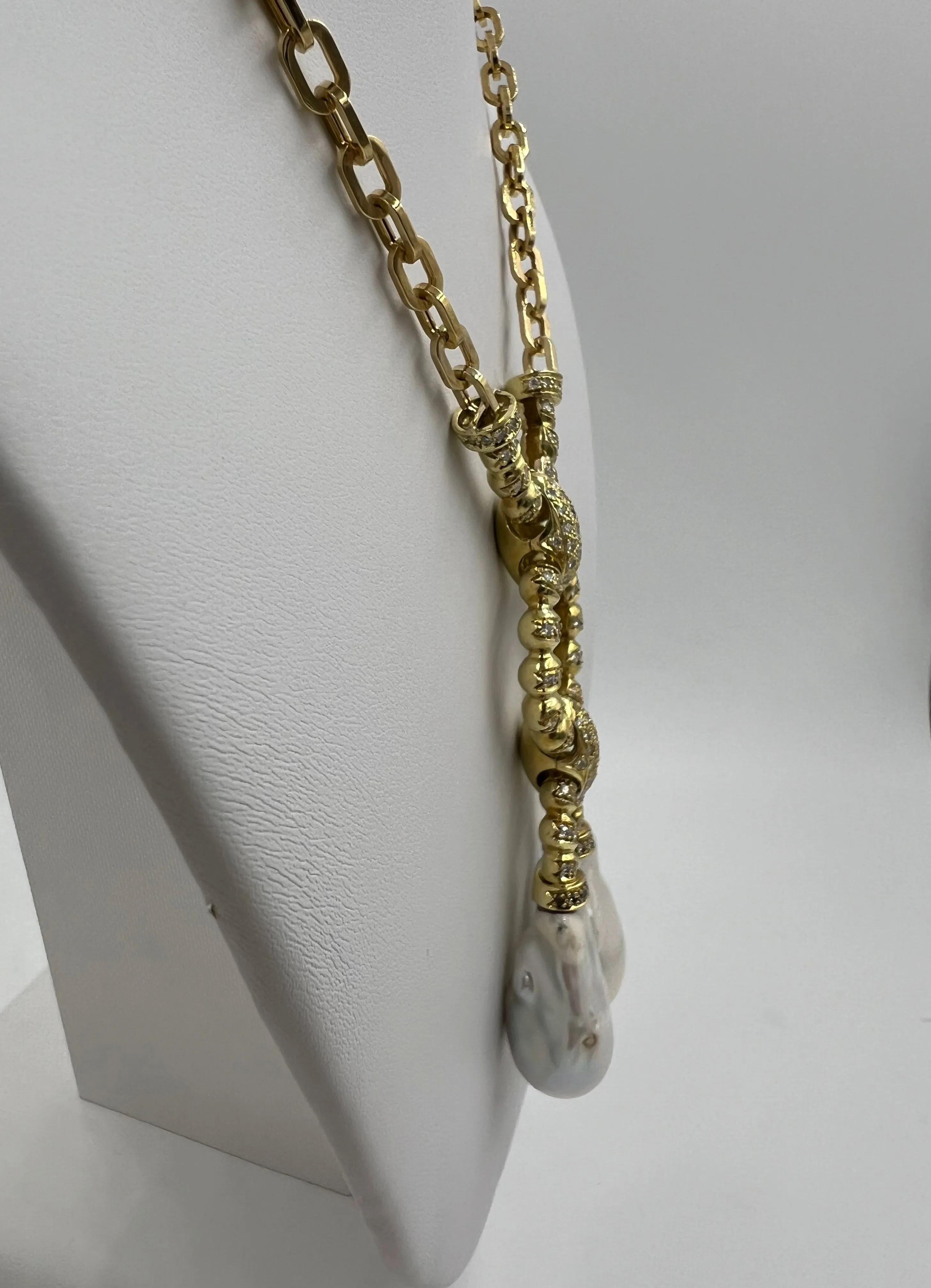 Estate Biwa Pearl Diamond Yellow Gold Link Necklace