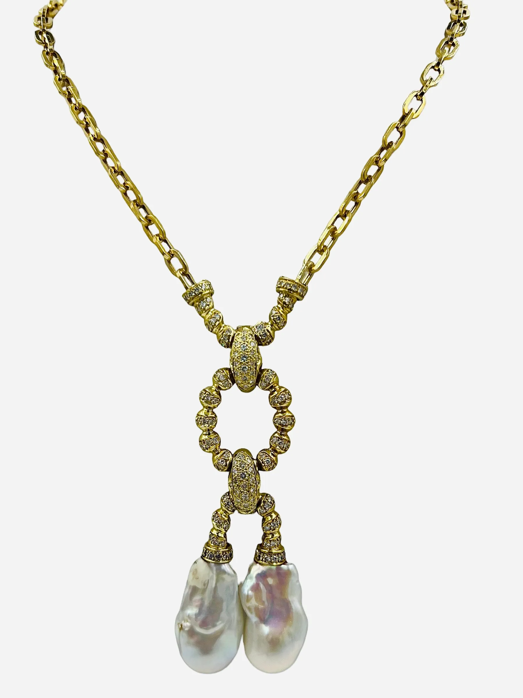 Estate Biwa Pearl Diamond Yellow Gold Link Necklace