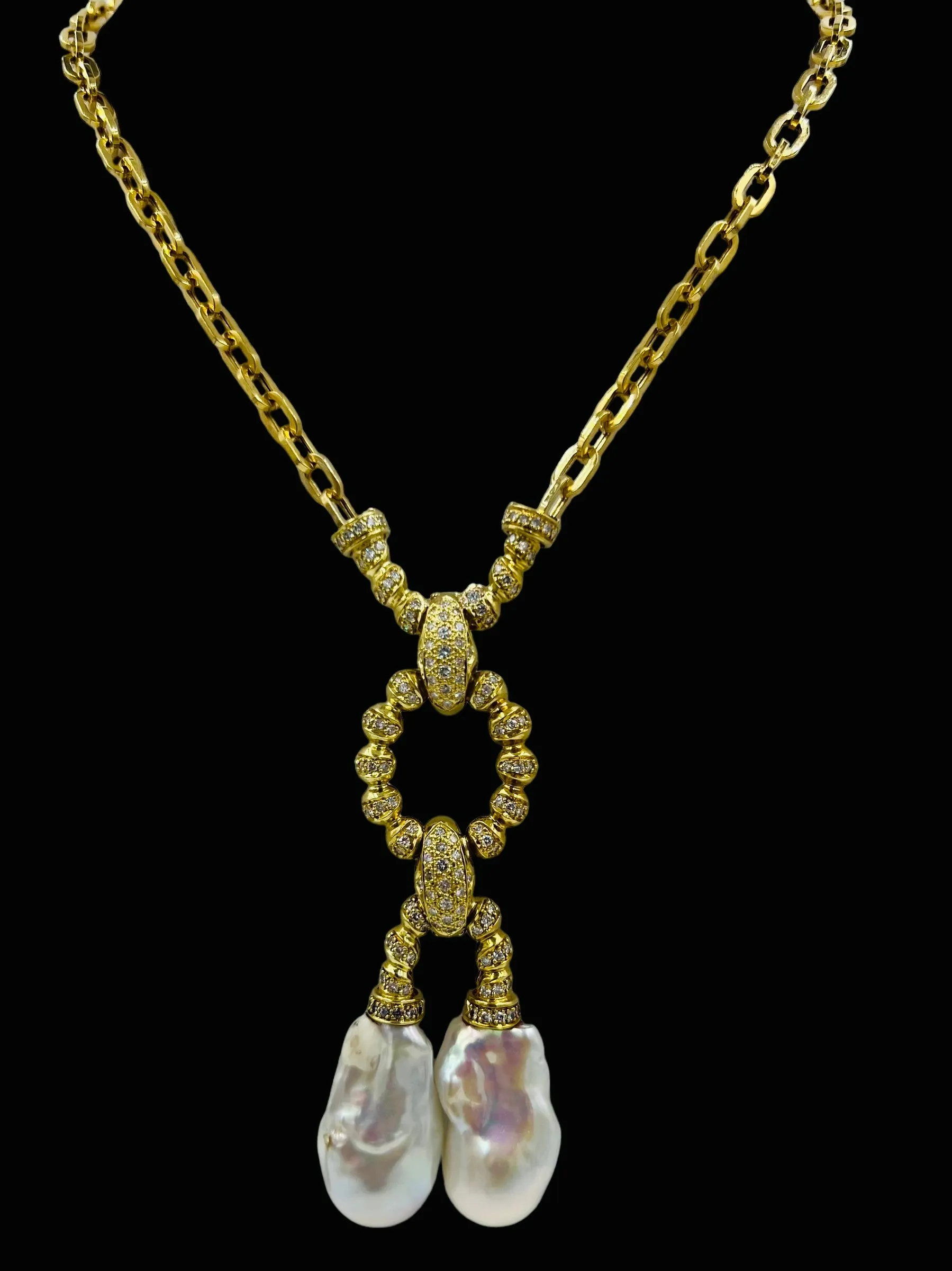 Estate Biwa Pearl Diamond Yellow Gold Link Necklace