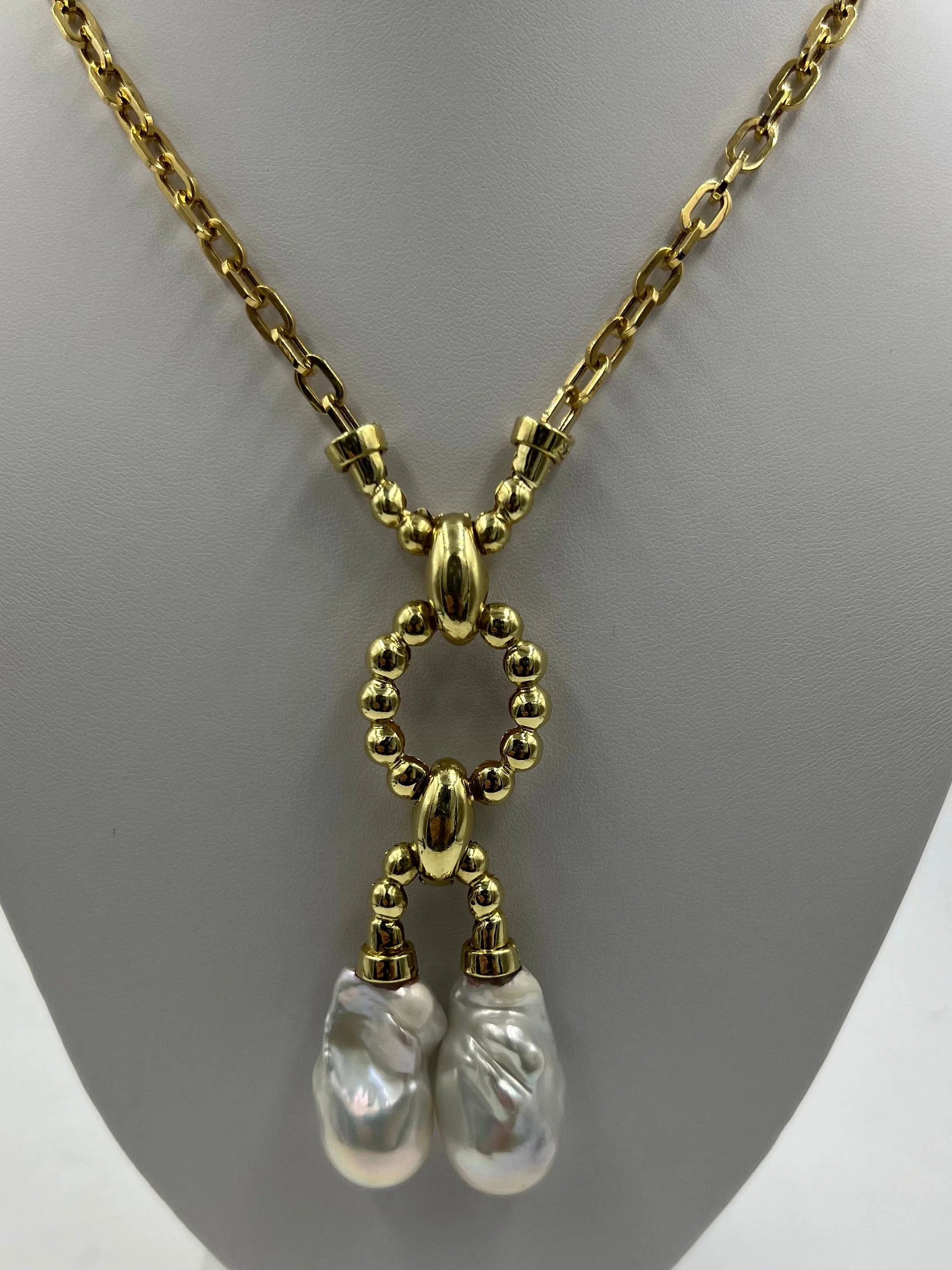 Estate Biwa Pearl Diamond Yellow Gold Link Necklace