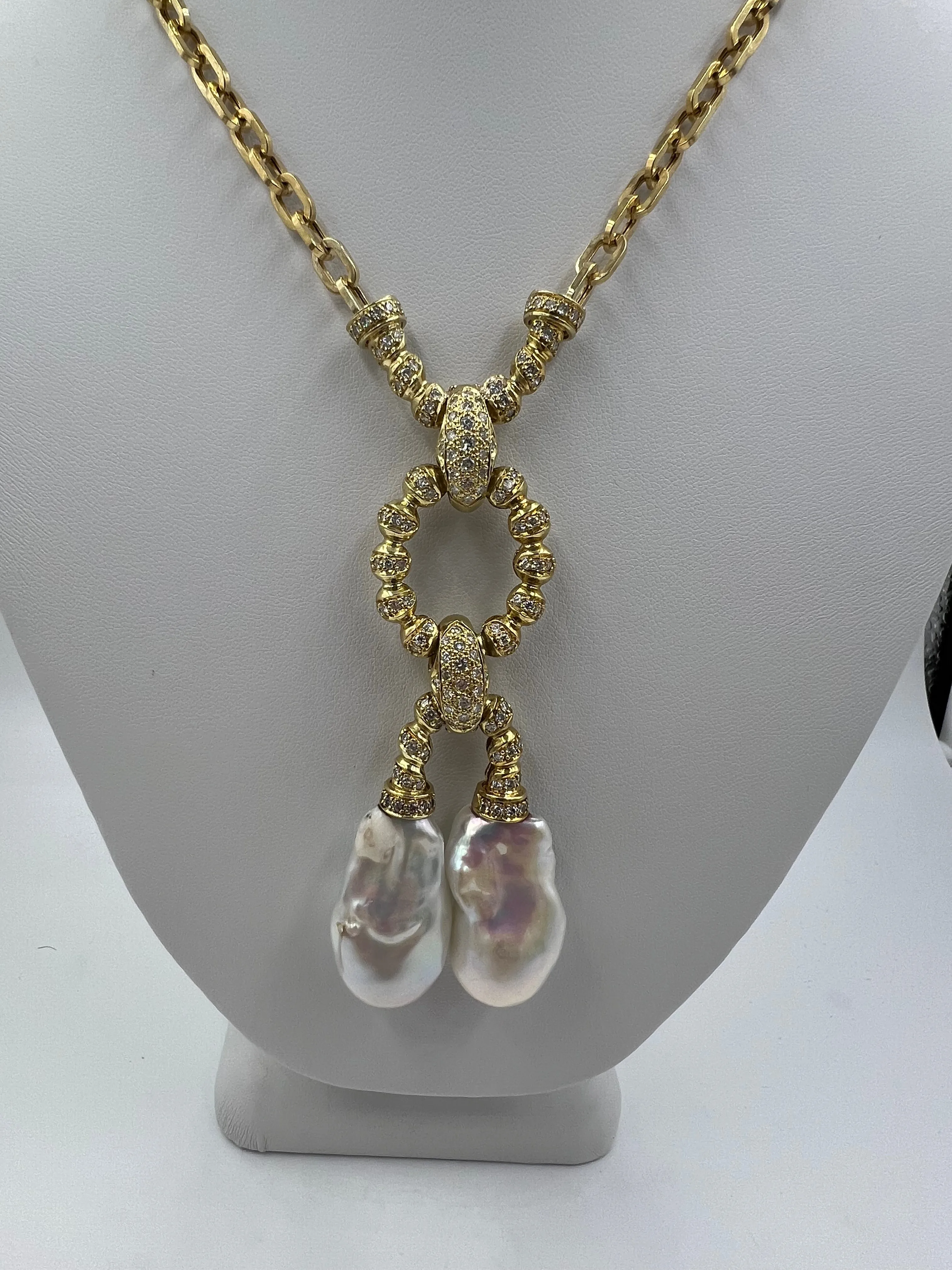 Estate Biwa Pearl Diamond Yellow Gold Link Necklace