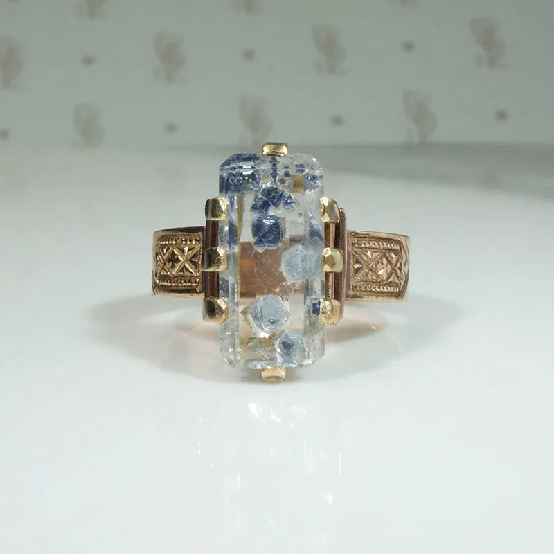 Fluorite Crystal in Engraved Victorian Ring