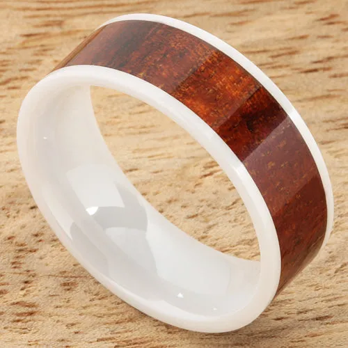 High Tech White Ceramic Natural Koa Wood Flat Wedding Ring 8mm