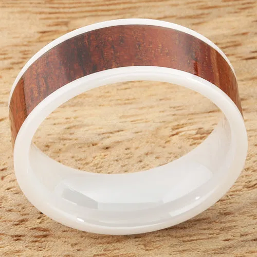 High Tech White Ceramic Natural Koa Wood Flat Wedding Ring 8mm